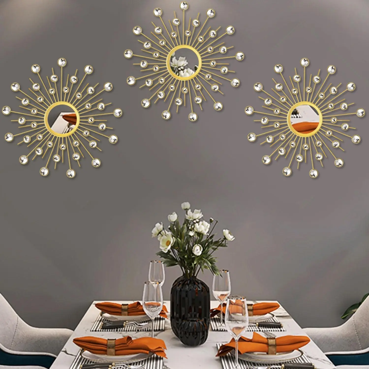 3 Pack  Sunburst Wall Mirror Decor Rhinestone Mirrors Decorative  Wall Art for Living Room Bedroom Entryway( )