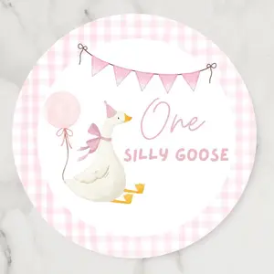One Silly Goose Stickers Party Favor Labels Girl Pink Goose First Birthday Stickers Decorations Matte or Glossy Finish