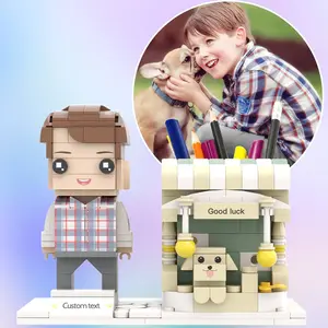 Personalized  Mini Brick Figure With Key Chain and Colorful Pen Holder&Optional Pet Decor Colorful Pen Holder Set Memorable Gift For Lover/Family/Friend