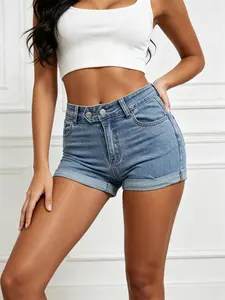Women's High Waist Double Button Rolled Hem Jeans Shorts, Elastic Blue Slim Fit Denim Hot Pants, Sexy Slimming Summer Short Pants