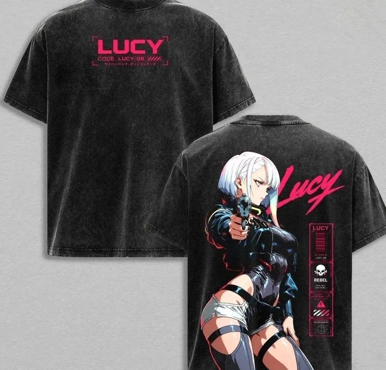 Vintage Washed Lucy Cyberpunk Edgerunners Graphic Tee - Oversized Heavyweight Cotton Anime Streetwear Shirt, Neon Night City Waifu T-Shirt for Men & Women 3XJ CGM 381