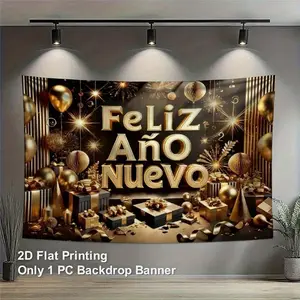 1pc 2D Flat Spanish Happy New Year Party Banner - Elegant Black & Golden Balloon & Confetti Design with Spanish "Feliz Año Nuevo" Lettering - Durable Decoration for Weddings, Birthdays, Anniv Ornaments White