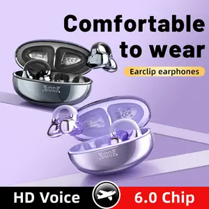 Clip on Earbuds Open Ear Wireless Bluetooth 6.0 Headphones with Mic 50H Play ENC IPX5 Waterproof Sports Ear Buds Comfortable for Running Small Ears Workout Glasses Wearers Purple