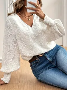 A three-dimensional flocked lace pattern women's V-neck lantern sleeve embroidered Spring casual white Blouse hidden meat thin women's shirt