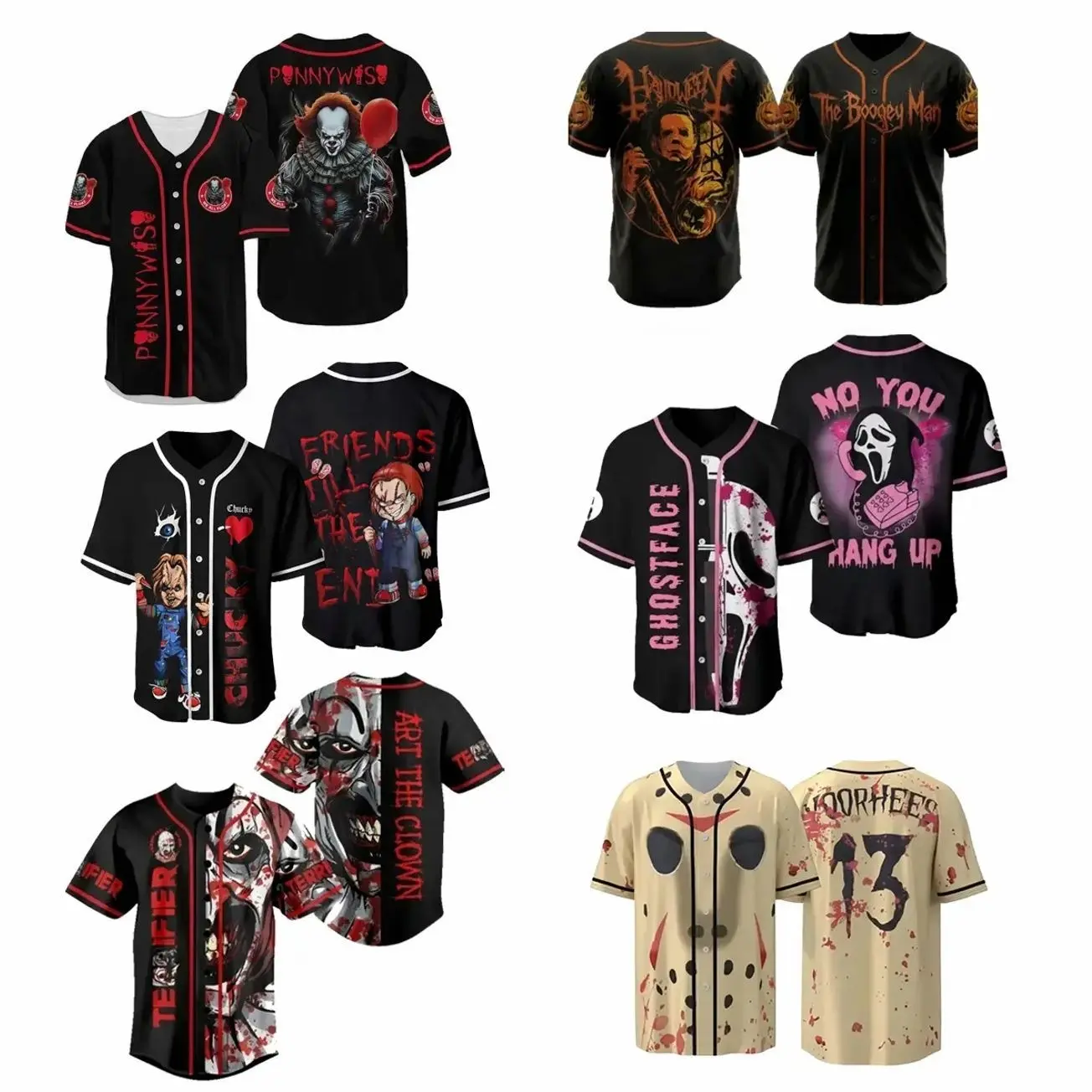 Classic Horror Movie Baseball Jersey, Halloween Costume All Over Print Baseball Jersey, Spooky Season Shirt, Horror Movie Night, Halloween Outfit, Fall Gothic Clothes for Myers Jason Ghostface Chucky Penny Freddy Fan 4S5