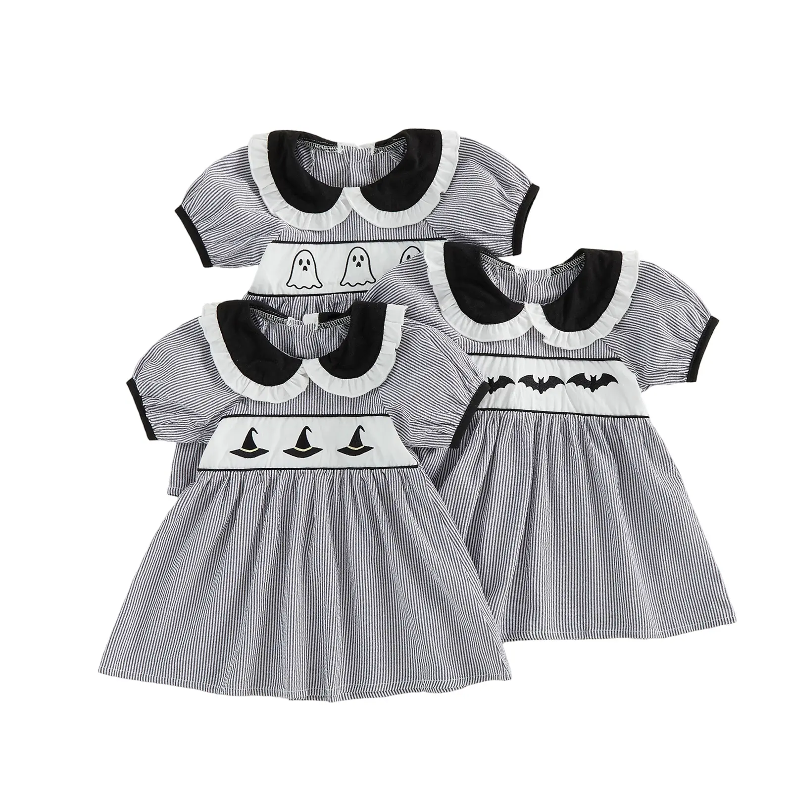 Toddler Baby Little Girls Halloween Dress Doll Collar Ghost/Witch Hat/Bat Print Short Sleeve Striped Dress 6M-5T, Costume, Baby Clothing