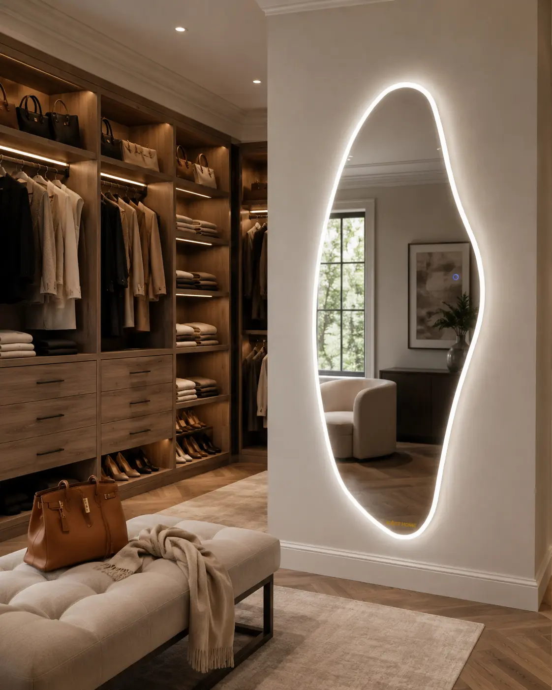 65" x 25" Irregular Crescent LED Full Length Wall Mirror, Tempered Glass Body Mirror with 3 Color Dimmable Lighting, Touch Control Mounted Mirror for Bedroom Dressing Room Entryway
