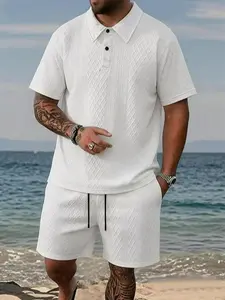 Men’s Solid Polo Shirt & Drawstring Waist Shorts Set, Comfortable Breathable Two-Piece Outfit for Everyday Outdoor Wear, Summer Clothing for Men