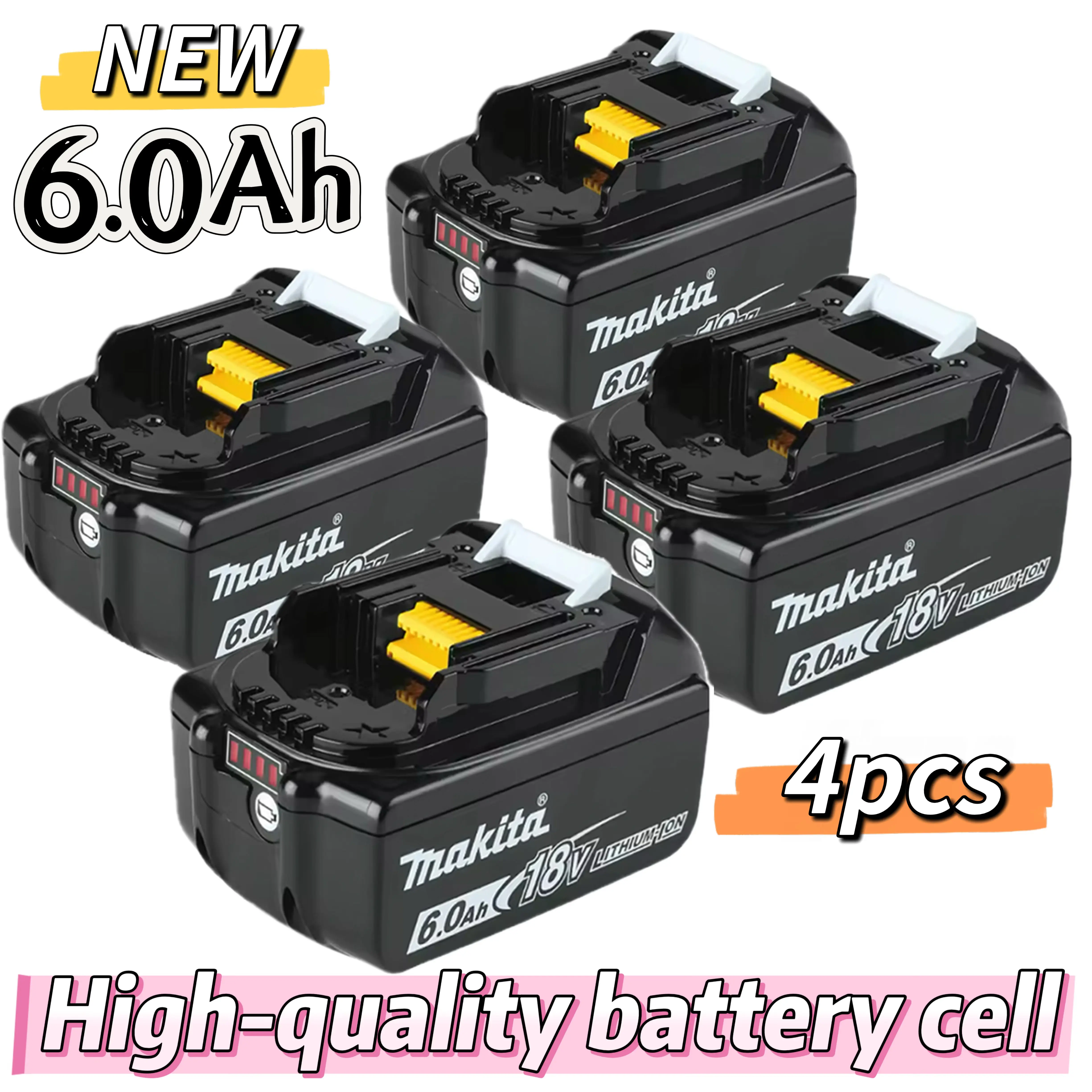 18V LXT Lithium-Ion Drill-Powered Battery Packs (4-Pcs, 6.0Ah) for Makita BL1840, BL1850, BL1860 Power Tools, New High-Quality Cells