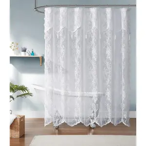 White Lace Shower Curtain 72 x 72 Inches with Attached Valance & 7 Tassels, Luxury Farmhouse Boho Shower Curtains for Bathroom