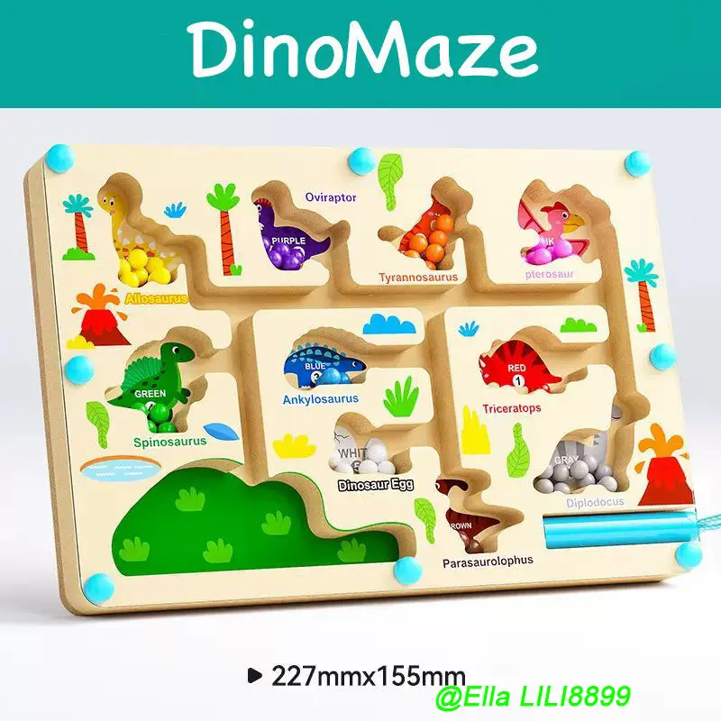 Montessori Natural Wood Magnetic Puzzle Board Toy for 3+ Year Old Boys - Dinosaur Themed Color & Number Maze, Screen-Free Play, Counting, Color Sorting, Fine Motor Skills, Patience Building Educational Gift, 10Color Bead Set