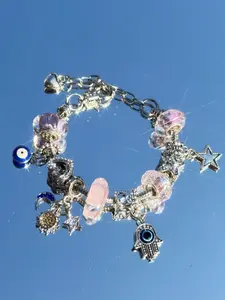 Sweet Cool Style Glass Bead Bracelet, Fatima Hand Lucky Eye Pendant, Star Sun Moon Charm, Adjustable DIY Bracelet, Vintage Silver Color