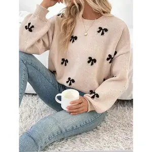 Women's Bow Pattern Drop Shoulder Sweater, Casual Long Sleeve Round Neck Jumper for Fall & Winter, Fashion Ladies' Knitwear for Daily Wear（gift） Womenswear Drape