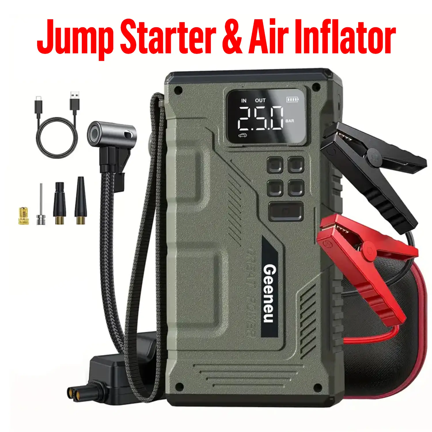 8000A Geeneu Portable Jump Starter with Air Compressor, 150PSI, 12V Car Battery Jump Box, 12.0L Gas & 10.0L Diesel Engines, Wireless, Safe Clamps for