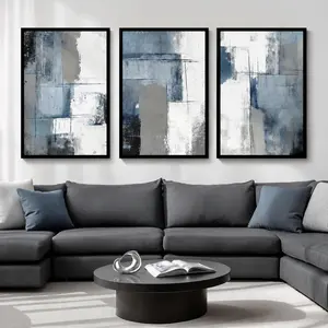 Large Framed Blue and Grey Abstract Wall Art for Living Room, 3 Piece Modern Canvas Prints Paintings Artwork for Walls, Minimalist Abstract Pictures Wall Decor for Hallway Office Bedroom 24x36 In