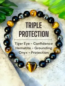 Triple Protection Bracelet – Tiger Eye, Hematite & Black Onyx Crystal for Energy Shield, Confidence, Grounding & Spiritual Balance – Handmade Unisex Healing Jewelry Crystal Bracelets