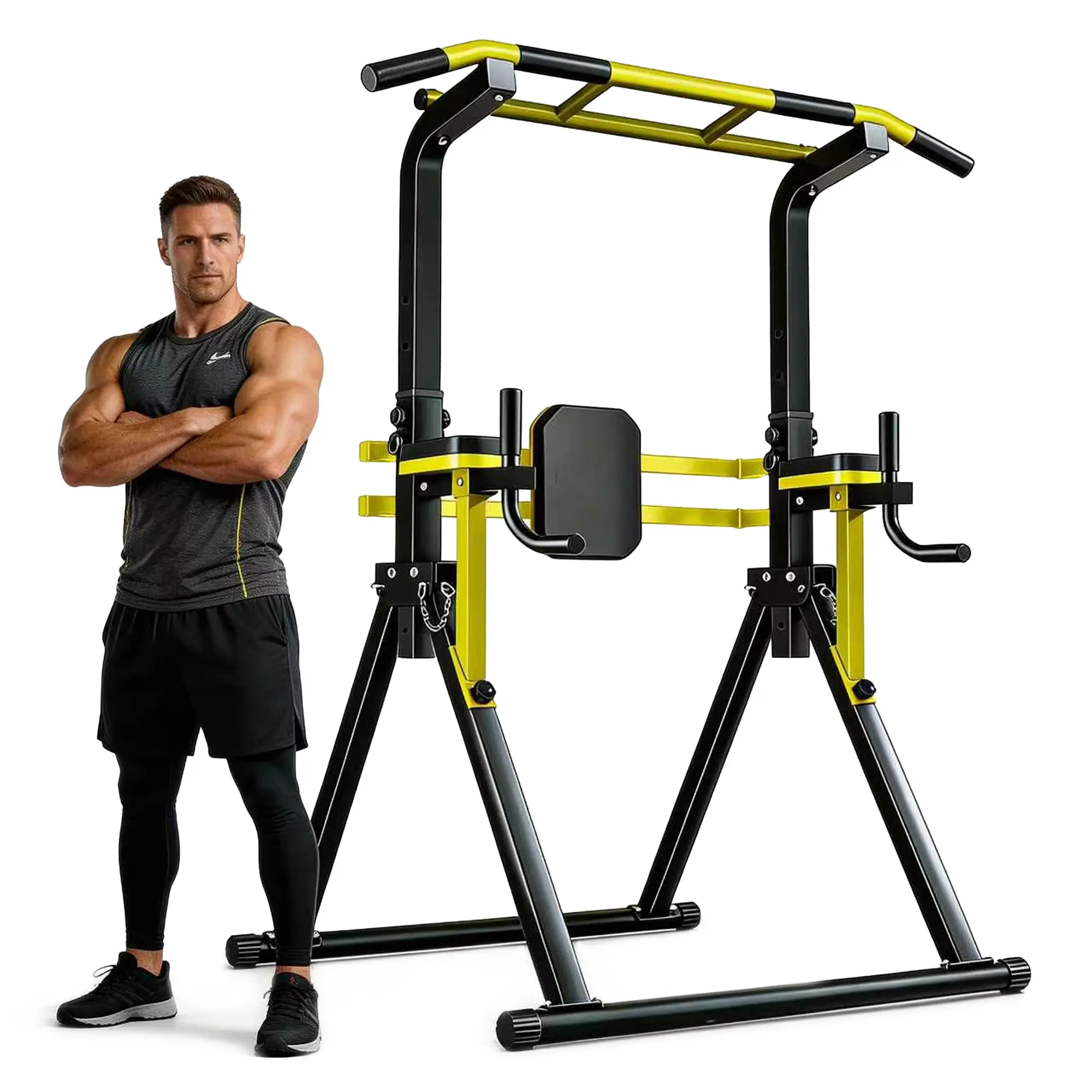 Multi Functional Power Tower Pull Up Bar Station, 10-Level Adjustable Height Dip Station, Heavy Duty Steel Frame Strength Training Equipment for Home Gym Indoor Workout