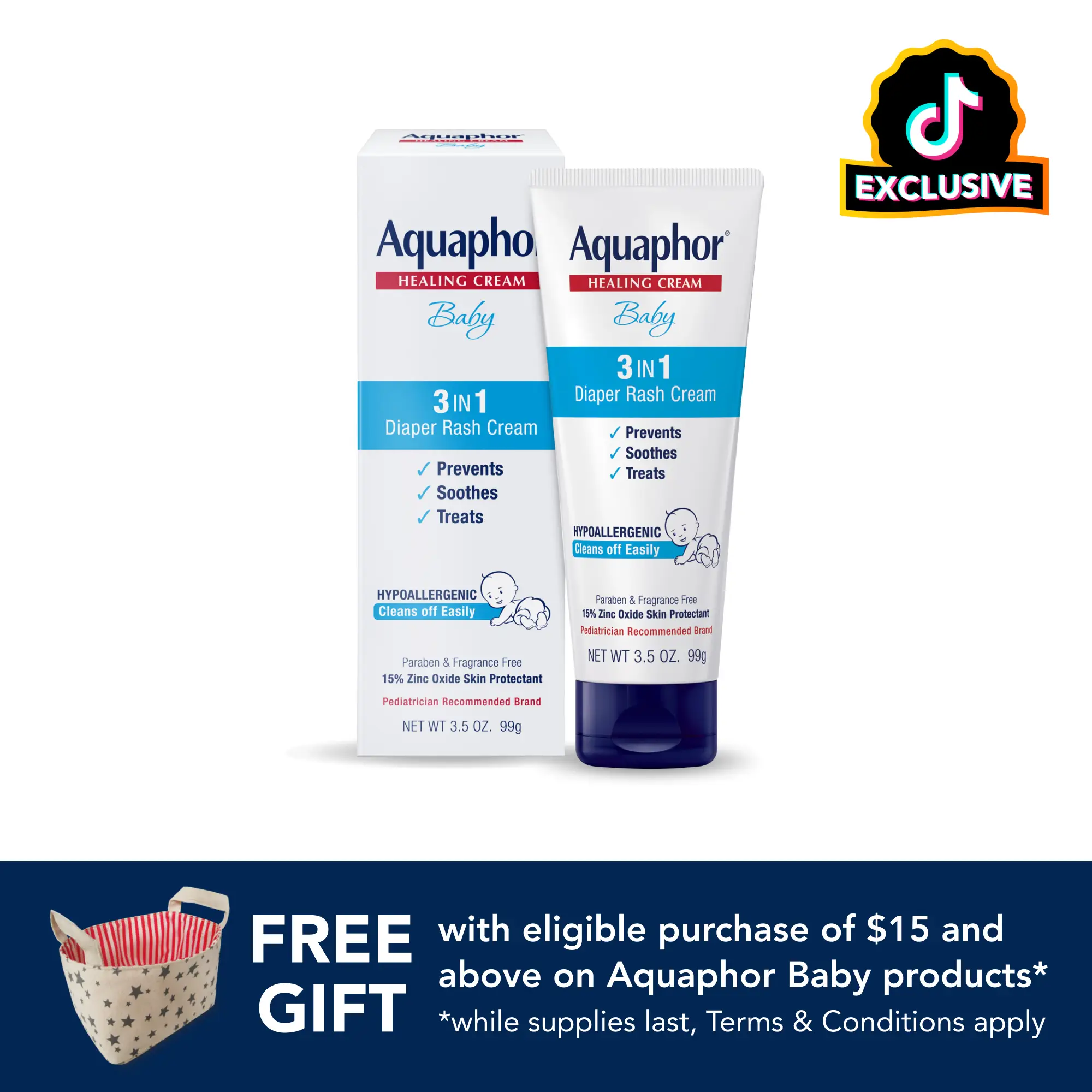 Aquaphor Baby Diaper Rash Cream, 3-in-1 Diaper Rash Relief, 3.5 Oz Tube