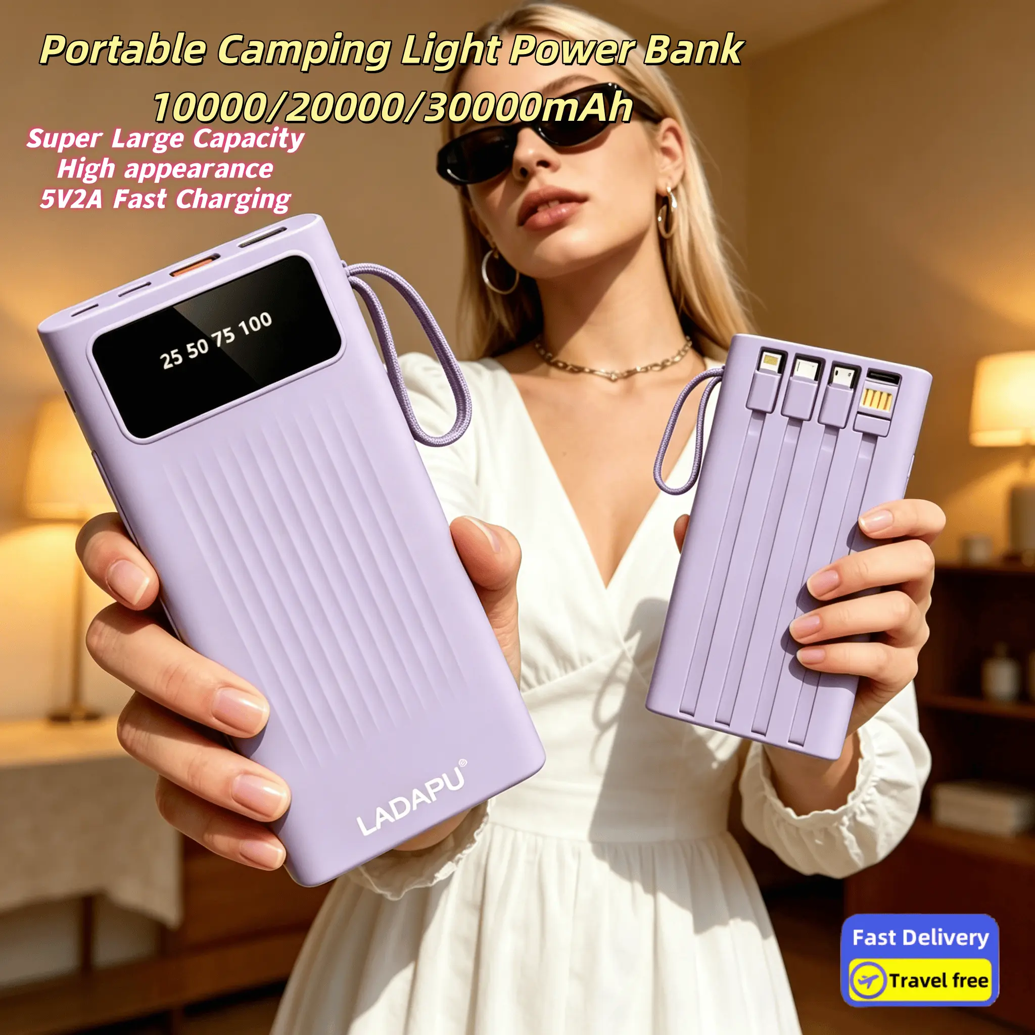 10000/20000/30000mAh Super Large Capacity 5V2A Fast Charging Portable Power Bank, High Appearance Business Style Charger, Built-with 4 Cables, 4 Modes Ultra-bright Camping Lights, Travle Must Have, for Iphone 6 7 8 X XR 11 12 13 14 15 16 Pro Max