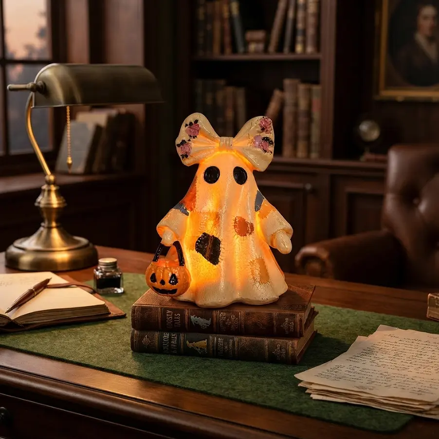 Spooky Halloween Light-Up Ghost Figurine - Vintage Retro Style Glowing Ghost Statue with Floral Bow and Mini Pumpkin Bucket, Cute & Creepy Tabletop Night Light for Indoor Home Decor, Bookshelf, Mantel, Desk & Fall Holiday Gifts