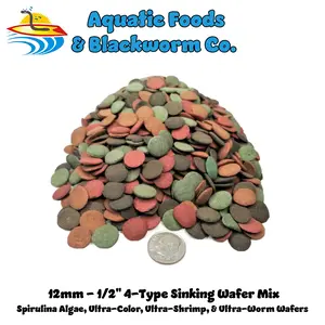 4-Type Wafer Mix - 12mm - 1/2" Sinking Wafers of Algae-Spirulina, Color Enhancing, Ultra-Shrimp, Ultra-Worm for Shrimp, Snails, Crabs, for All Community Tropical Fish… FREE 12-Type Pellet Mix Included