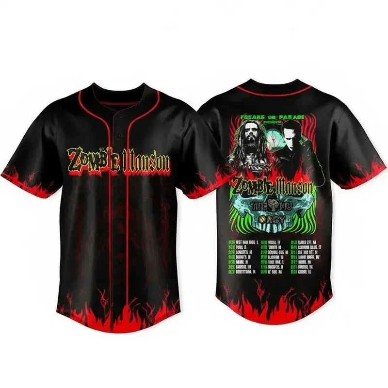2026 Zombie x Manson Freaks On Parade Tour Baseball Jersey Gift For Fans, Vintage Concert Style Button-Down Jersey, Graphic Bird's Eye Mesh Sports Shirt, Festival Outfit, Lightweight Unisex Fan Apparel Gift