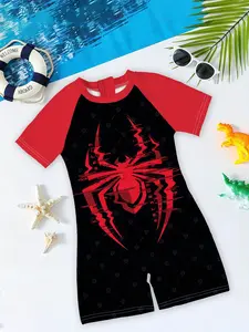 Boys' one-piece swimsuit "Cyber Spider Cool Style" features a black base with glitch-style spider prints + a red and black raglan sleeve one-piece design, handsome and eye-catching, instantly enhancing the summer pool / beach outfit atmosphere!