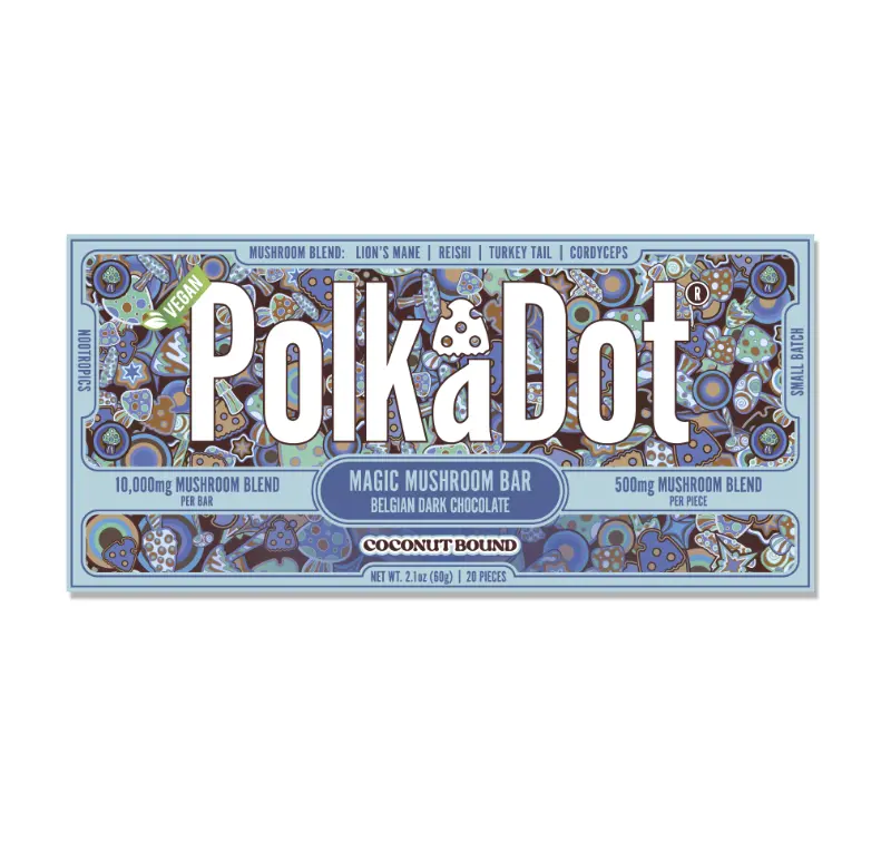 Polkadot Belgian Chocolate, Coconut Bound, 20 Count, High Potency Plant-based Mushroom Snack, 100% Organic, High-Quality Ingredients, Made in USA, All Natural, Healthy Chocolate, 20 Piece Chocolate Bar