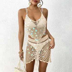Women's 2-Piece Polyester Crochet Cutout Bikini Set with Sequin Splicing, Larger-Fit Hollow-Out Cover-Up Shirt for Summer Vacation Beach Use