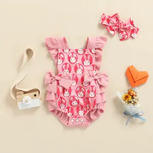 Imcute Newborn Baby Girl Easter Romper Outfits Fly Sleeve Cartoon Rabbit Printed Ruffles Bodysuit Cute Headband Clothes Set