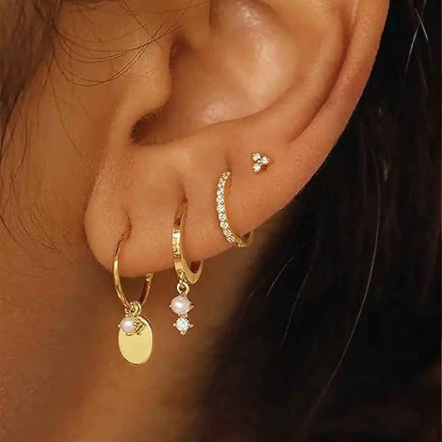 Women's 4-Piece Dainty Single-Ear Stack Jewelry Set - Hypoallergenic Pearl Accent Huggie Hoops, Chain Detail Cartilage Earrings, Long Drop Studs, Hypoallergenic Post Costume Earrings for Women, Hypoallergenic Post Earrings