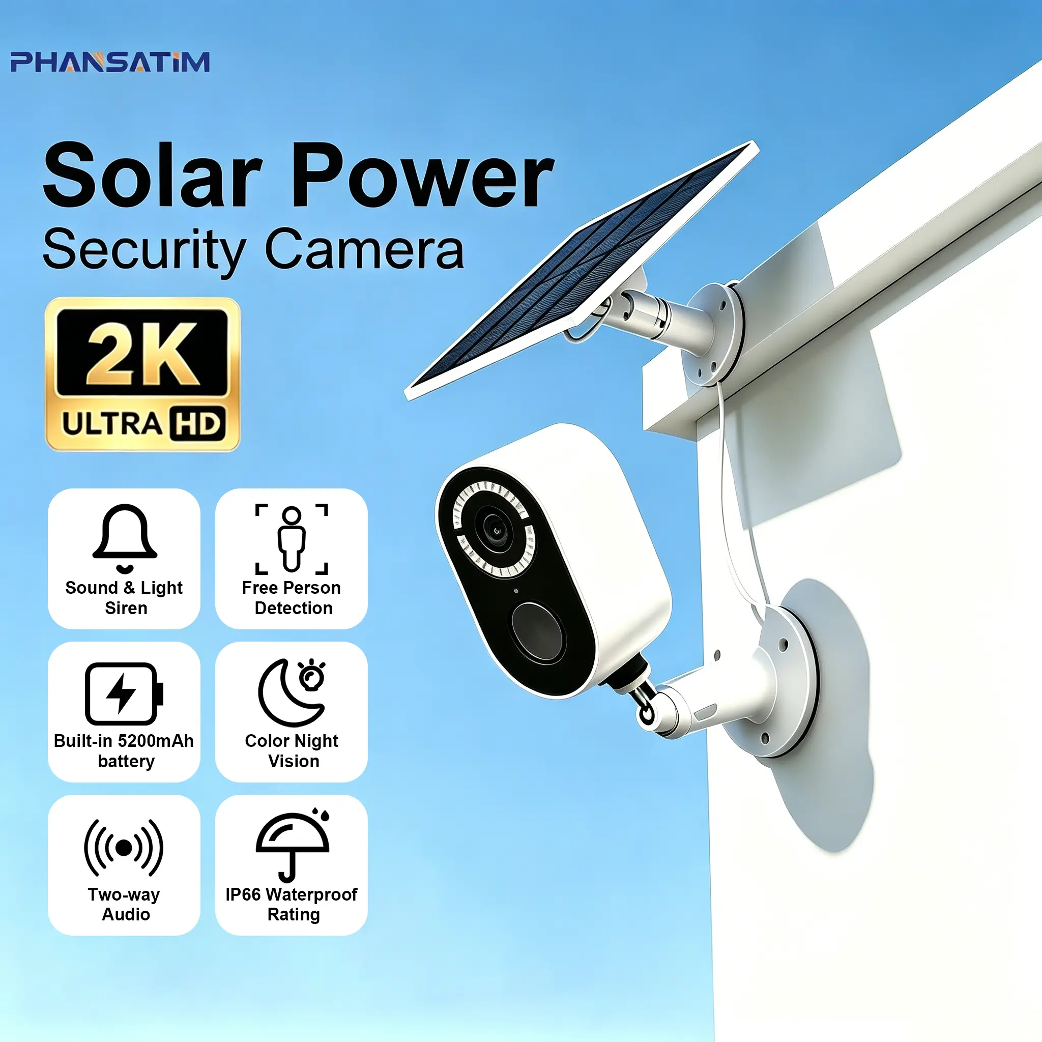 Solar Powered 2K Outdoor Security Camera, 360° Panoramic, AI Motion Detection, Color Night Vision, 2-Way Audio, Spotlight, Waterproof, Easy Install for Home/Garage/Business