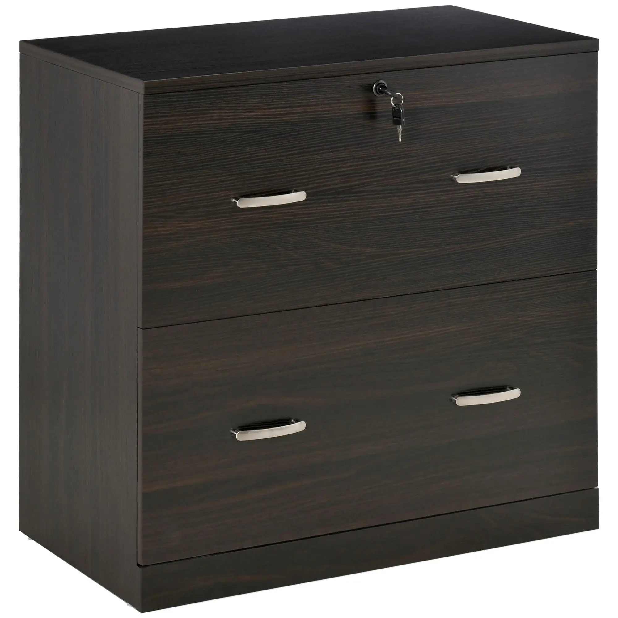 Vinsetto Metal & Wood 2-Drawer Lateral Filing Cabinet with Key Lock, Hanging Bar for Letter Files, 110 lbs Capacity, 29.25" W x 16.5" D x 28.25" H, Simple Design, Requires Assembly, Home Office Use, Walnut, Particle Board, Plastic Feet