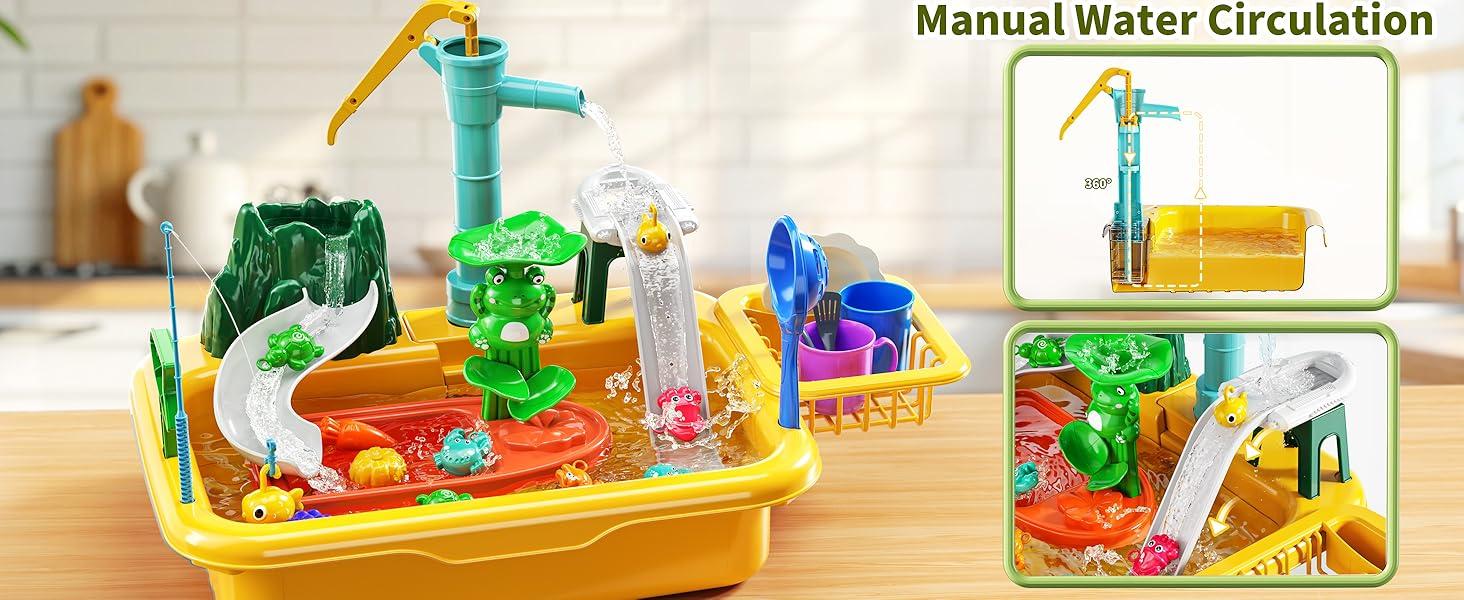 Play Sink with Running Water（ Fishing Games ）, Pretend Play Kitchen Sink with Upgraded Electric Faucet, Realistic play set learning cookingset Plastic Toy Outdoorfun Fun Cleaning Playset，Girls Role Play Gift#SummerVibes