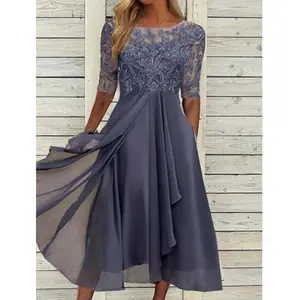 Chiffon Patchwork Lace Hollow Long Dress Bridesmaid Evening Gown Women's Wedding Dress Shopping Womenswear Red