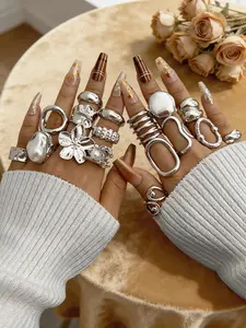 Vintage Fashion Exaggerated Ring Set, Floral Imitation Pearl Geometric Joint Rings, Women's Party Birthday Mother's Day Gift