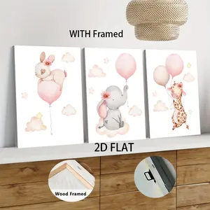 3Pcs set Wood Framed Cute Cartoon Rabbit Balloon Cloud Kids Room Decor Nordic Style Canvas Wall Art with Solid Wood Frame Baby Bedroom Wall Painting Pink Nursery Decoration for Kindergarten Playroom
