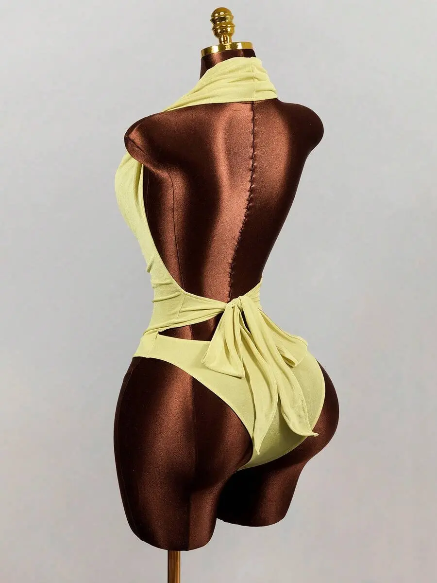 Lumina x Mistrie 2026 Spring/Summer New Sexy Deep Draped Neck Back Tie Minimalist Beach Night Out Vacation Date Women's Bodysuit Pale Yellow