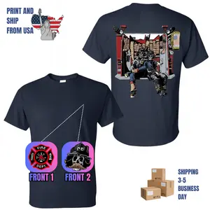 Skeleton Firefighters On Fire Truck Tailboard T-Shirt, 2 Sides, Patriotic 69 Helmet Fire Engine Graphic Tee, Fire Dept Skull Maltese Cross Shirt
