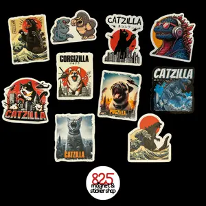 Catzilla & Pet Zilla Bundle -  Catzilla, Pugzilla, Corgizilla & Classic Godzilla Designs | Stickers or Magnets | Perfect for Pet Lovers & Kaiju Fans