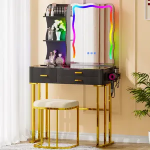 RGB Makeup Vanity Desk with Wireless ChargingStation,7 Dynamic and 7 Static Dimmable Vanity Tablewith Visible Glass Top,Auto Sensor LED Make up Vanitywith Mirror and Lights,Stool