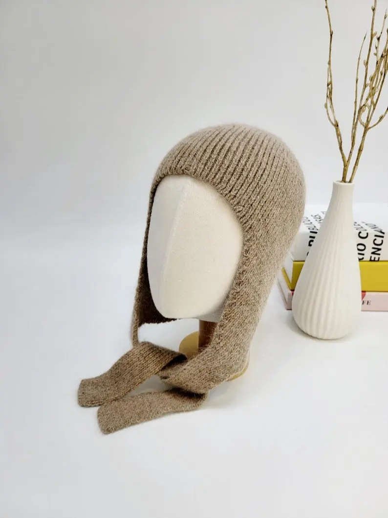 Knit Angora Bonnet, Aviator Angora Bonnet, Angora Wool Beanie, Angora Balaclava , Gift for her