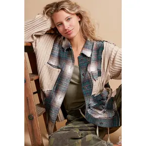 POL Plaid Contrast Button Down Shacket