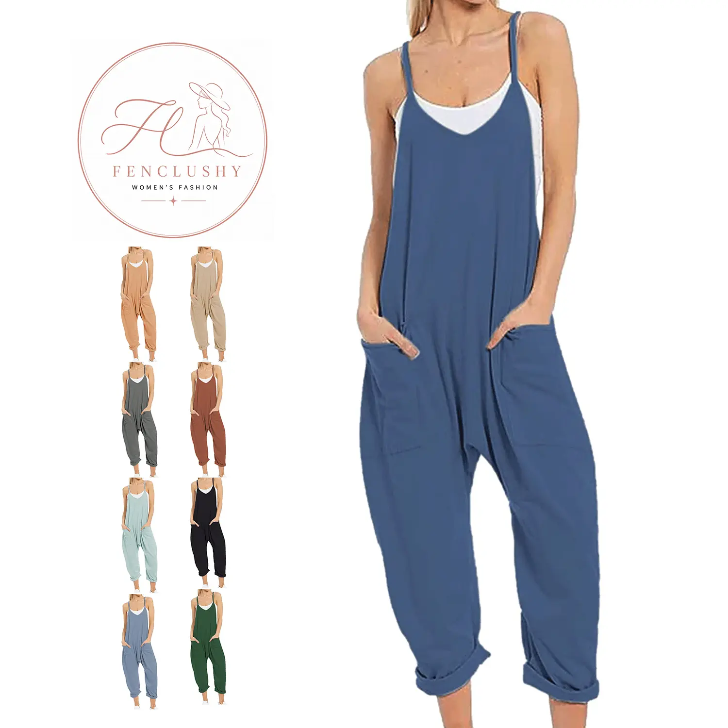 FencLushy Women's Cotton Beach Spaghetti Strap V-Neck Baggy Harem Romper, Adjustable Sleeveless Casual Overalls with Pockets (Perfect for Matching Accessories)