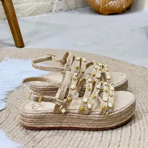 MIchi Sandal Bajita with Frontal Bead Design - Beige Espadrille Style Shoes with Heart Logo