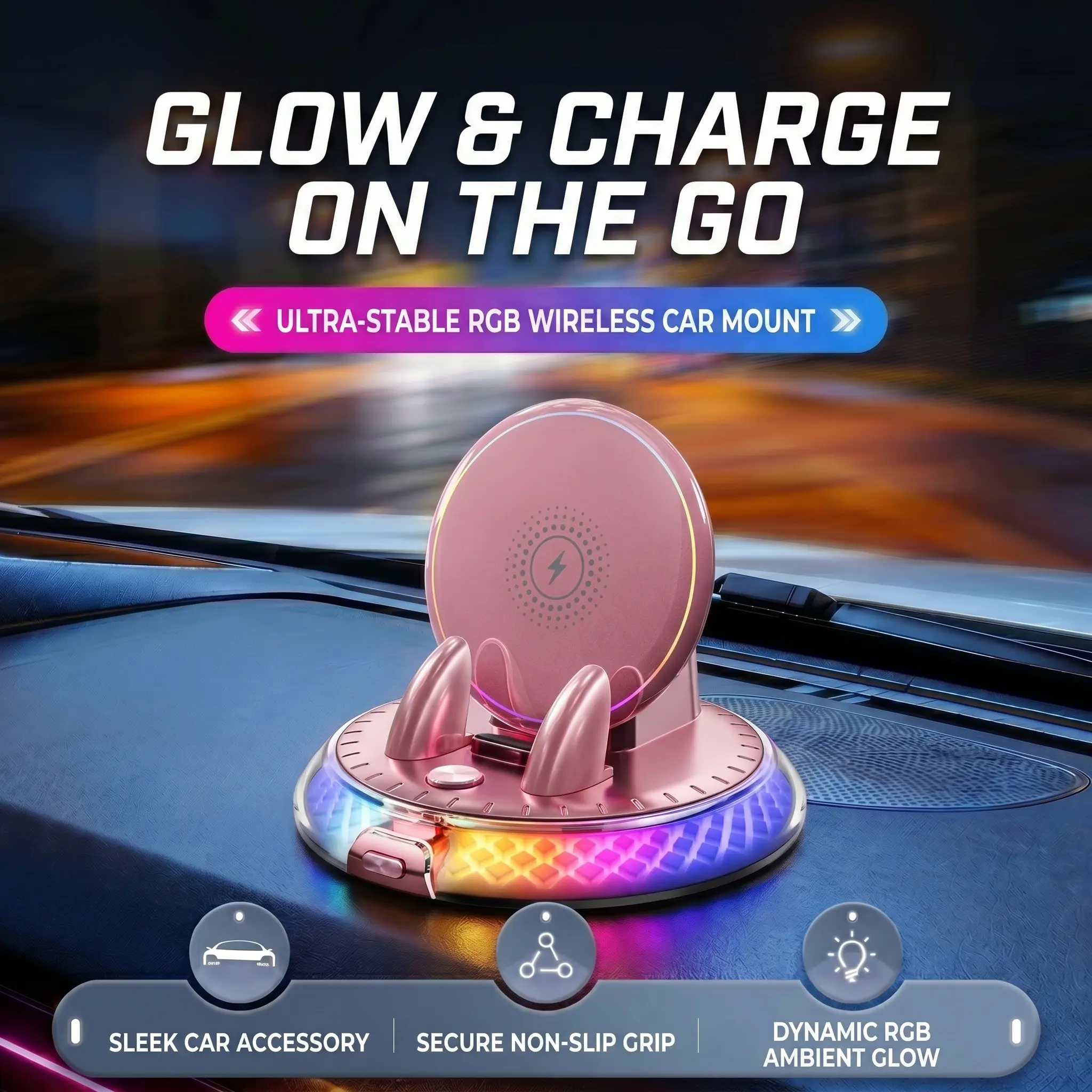 Wireless Car Charger Mount, Auto-Clamp RGB Ambient Light Car Phone Holder, Reusable Nano Adhesive Base USB Powered Ultra Stable Dashboard Mount, Perfect Gift for Her Birthday New Car-YY