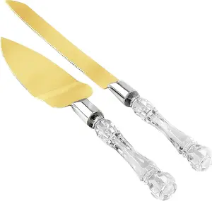 Cake Knife and Server Set, Cake Cutter and Pie Spatula, Gold Blade and Faux Crystal Handle Wedding Cake Cutting Set, Stainless Steel Gold Knife Set for Party, Birthday, and Anniversary
