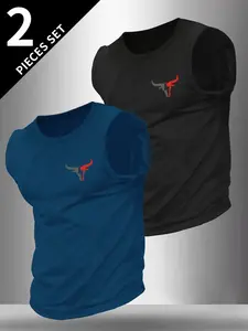 Men's Summer Casual Sleeveless Vest, Bull Head Print, Casual Sporty Vest, Outdoor Sports Wear, Daily Versatile, 2 Pack, Fitted Style, No Zipper, Sports Apparel, Sleeveless Sports Vests