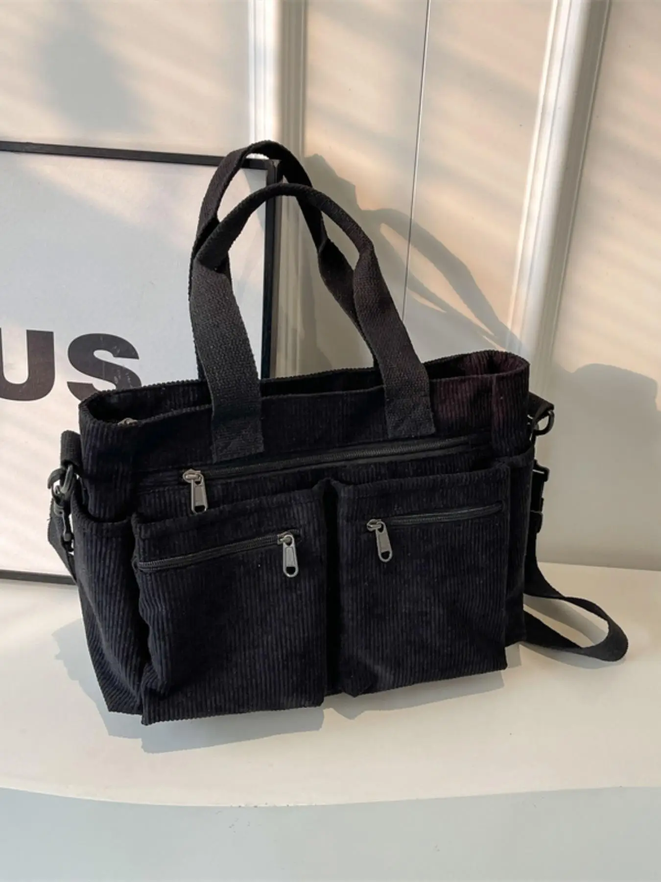 Women's Solid Color Zipper Tote Bag, Large Capacity Multi-pocket Portable Shoulder Bag, Casual Trendy Versatile High-quality Daily Commuting Bag