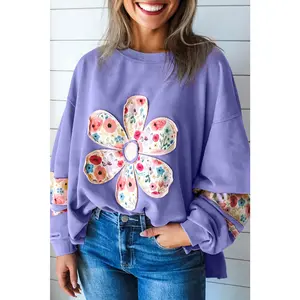 Peach Blossom Floral Applique Baggy Pullover Sweatshirt